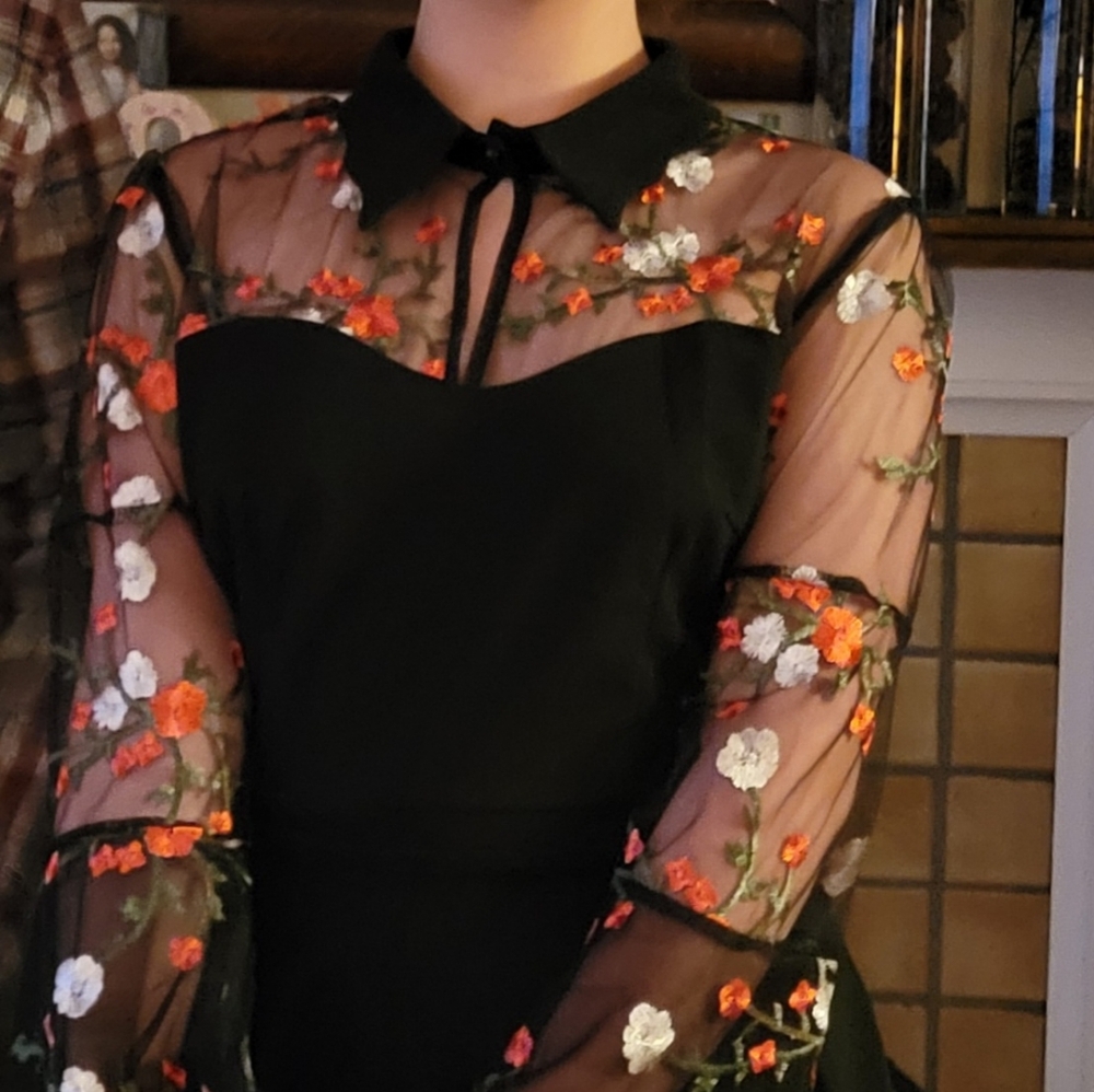 Elegant Black Dress with Floral Embroidery